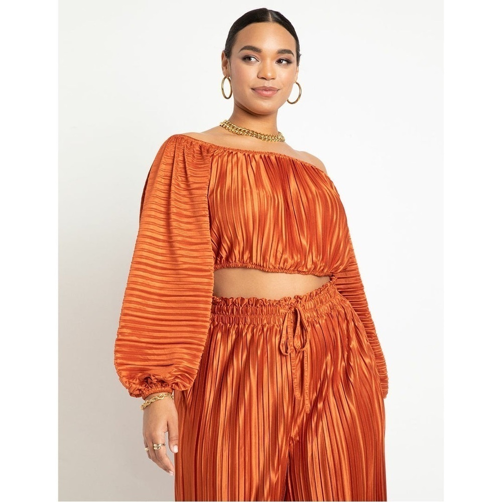 Eloquii Orange Plisse Pleated Off-the-Shoulder Long Sleeve Top Plus Size 22/24